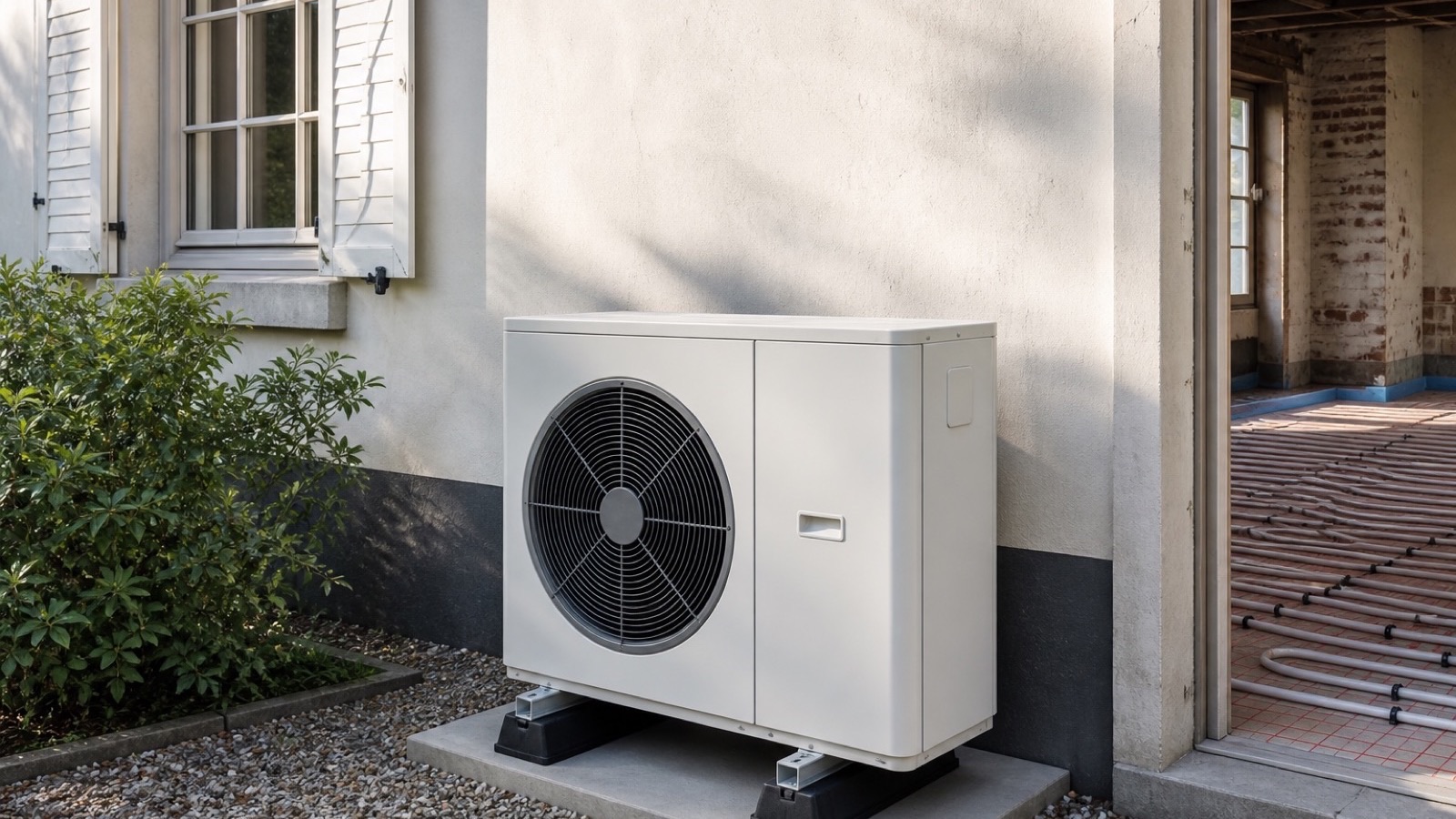 Lucht-waterwarmtepomp buitenunit bij een woning